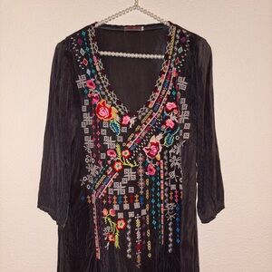 Johnny Was Black Graphic Embellished Tunic Blouse